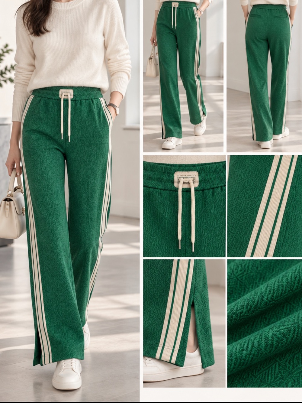 Casual Green Drawstring Pants with Side Stripes XL